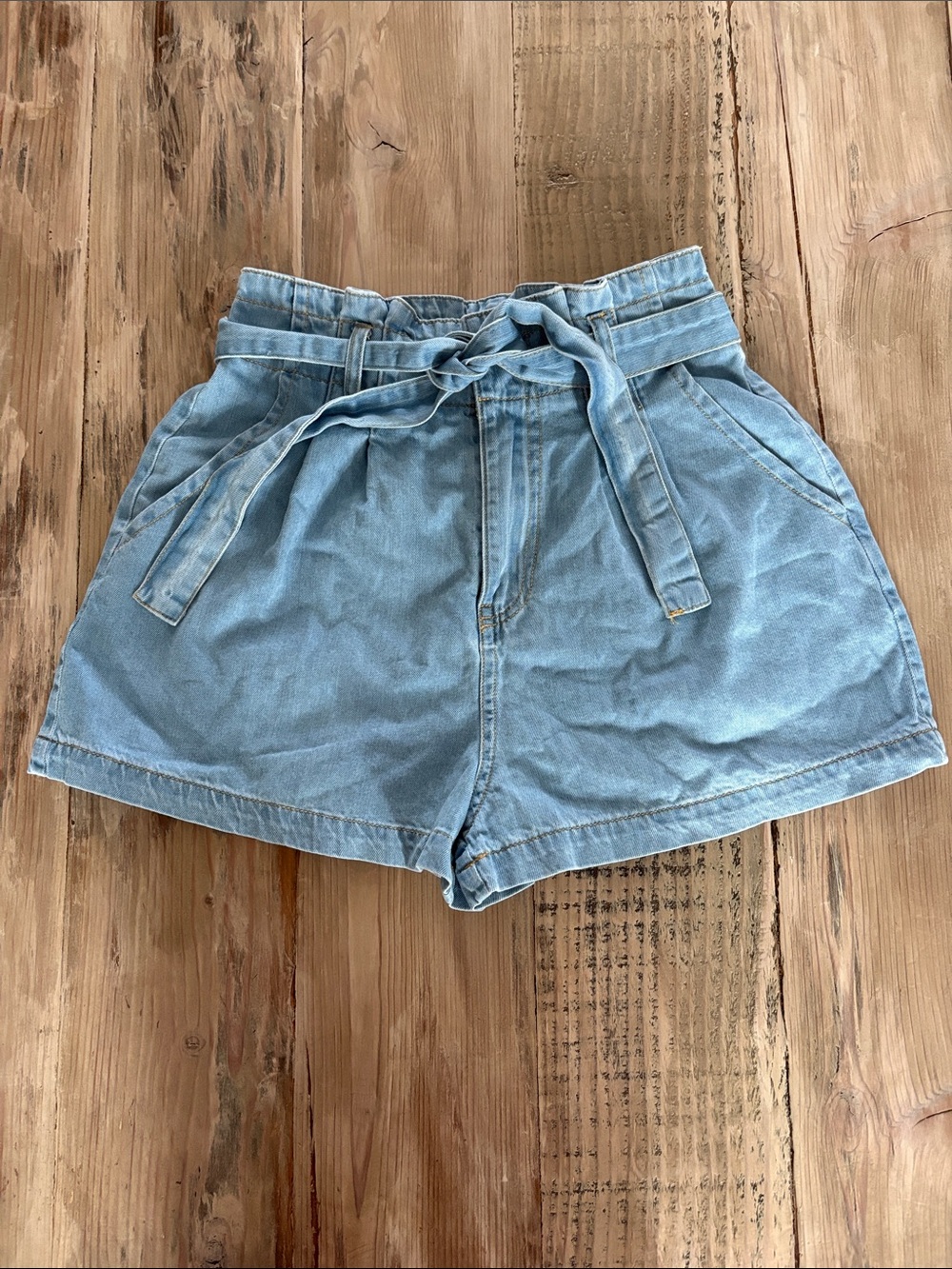 Lulu's Light Blue Paperbag Waist Denim Shorts with Tie